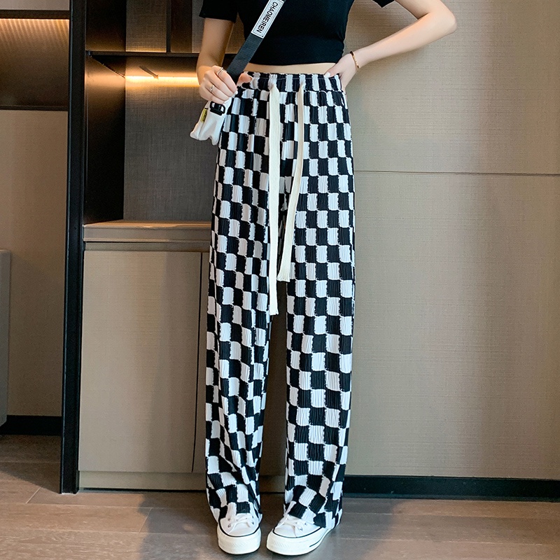 SUXI Quần Dài Lưng Cao Ống Rộng Họa Tiết Sọc Caro Thời Trang Mùa Hè Cho Nữ