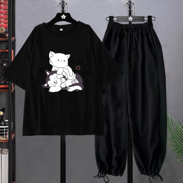 Sét Áo Cat, Dog + quần bom đen, Áo thun from rộng, Chất đẹp không xù, quần suông ống rộng, Sét bộ mặc ở nhà - MODY