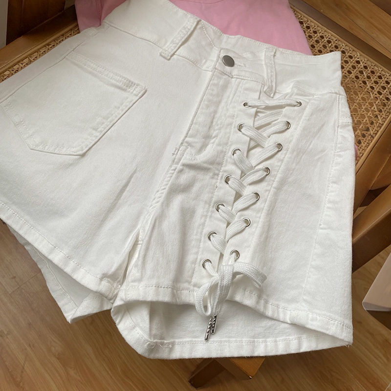 Quần Short Jean Lưng Cao Ống Rộng Có Dây Rút Theo Phong Cách Hàn Quốc Hàng Mới