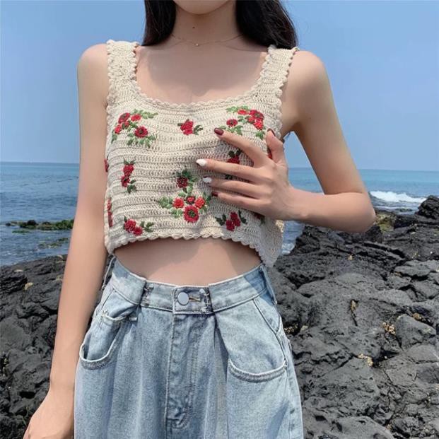 (Sẵn) Áo croptop 2 dây hoa thêu ulzzang đi biển / Áo cói croptop ( có ảnh thật ) !