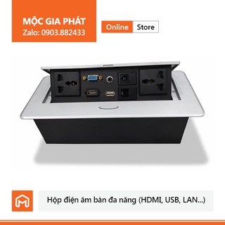 Hộp điện âm bàn đang năng, thông minh, có 2 ổ cắm điện 3 chân, hdmi, vga, giắc 3.5, usb, lan, điện thoai.