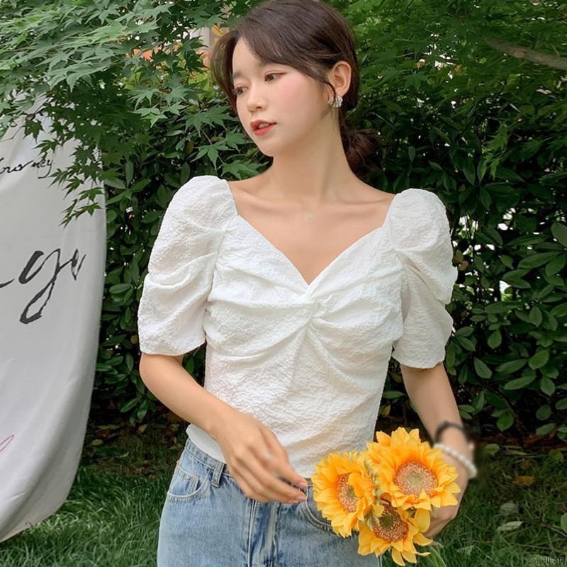 Áo Croptop Tay Ngắn Cổ Chữ V Màu Trơn Thiết Kế Quyến Rũ