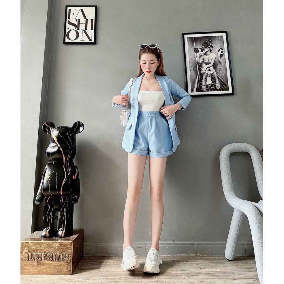 Sét bộ vét 3 món áo khoác vét mix áo ống phối quần đùi cá tính trẻ trung năng động
