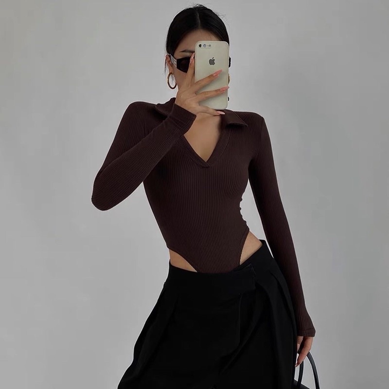 Bodysuit cổ polo tay dài thun gân len
