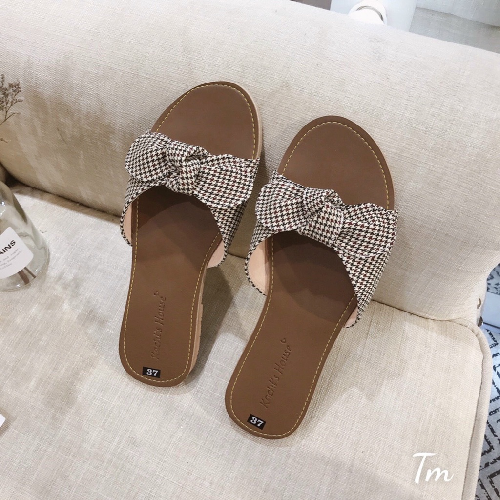 Dép bệt caro nơ nâu thời trang