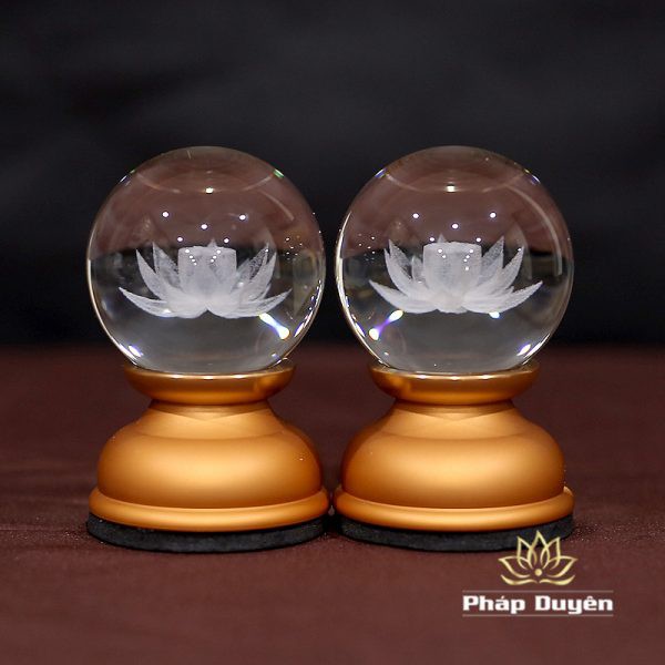 Đôi Đèn Thờ Hoa Sen Pha Lê Hình Cầu Chân Hợp Kim, Cao 3.5 inch (8cm) - Đèn Thờ LED Đổi Màu