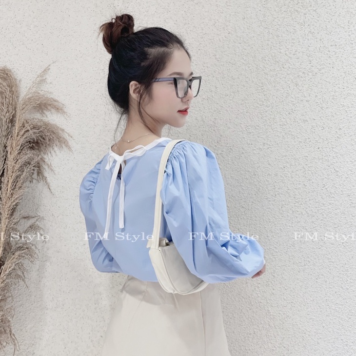 Áo kiểu nữ FM Style dài tay phối viền cổ tròn tay phồng bo thời trang nữ tính dễ thương 211120068