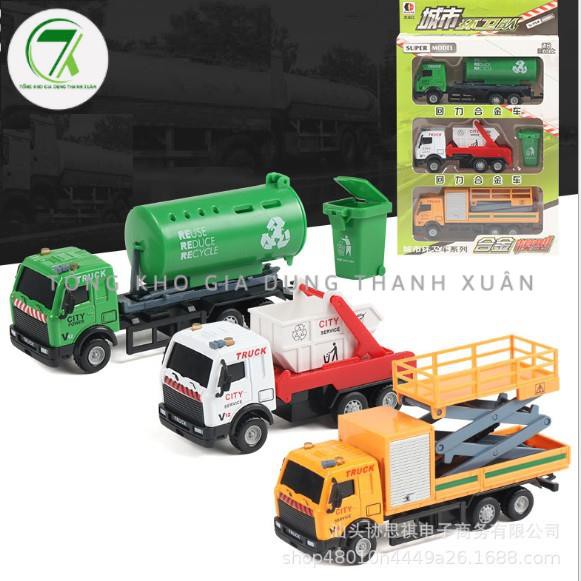 Hộp 6 xe ô tô môi trường, xe chở rác, xe chở nước, mô hình đồ chơi ô tô cho bé sáng tạo