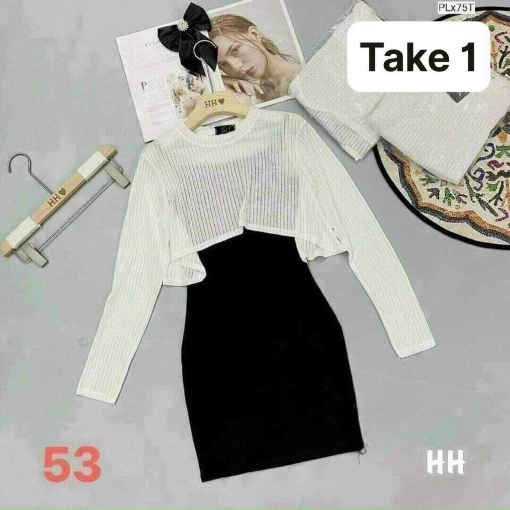 [ Miễn phí ship 2022 ] Đầm nữ 2 dây kèm áo croptop trắng tay dài, set đầm đen ôm body đi chơi dạo phố tôn dáng