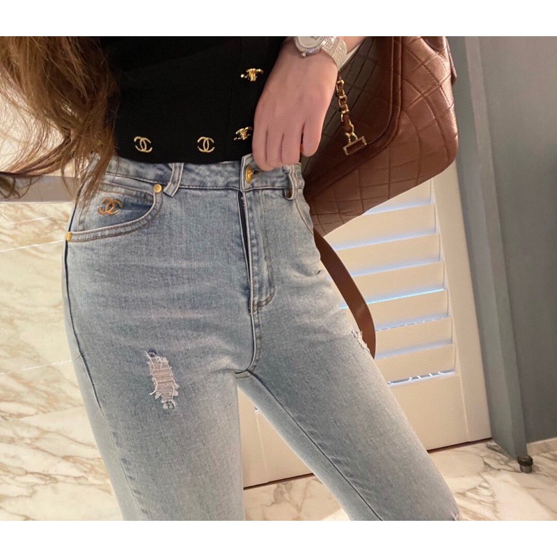 Quần jean nữ logo nhỏ thêu mặt sau hình thoi logo chữ logo thẻ da co giãn tất cả các kết hợp 𝘾𝙝𝙖𝙣𝙚𝙡 CN 𝘾𝙝𝙖𝙣𝙚𝙡