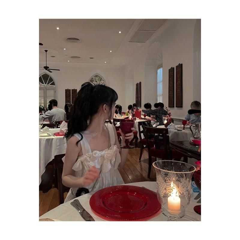 [Summer stock] thin white sling dress bow skirt princess dress A-line skirt