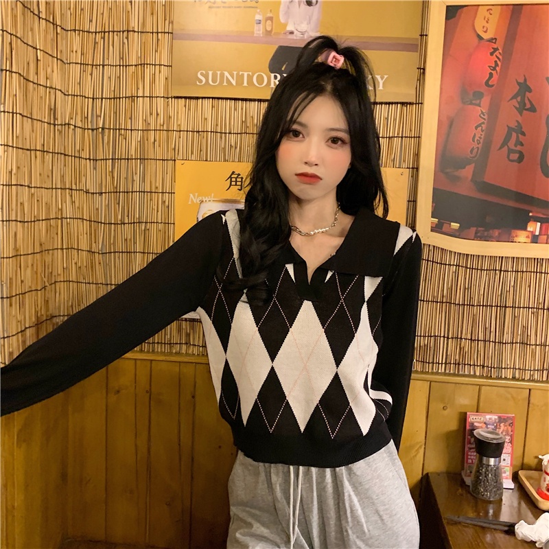 Áo thun COZOK polo tay dài họa tiết hình thoi nhiều màu sắc phong cách Hàn Quốc