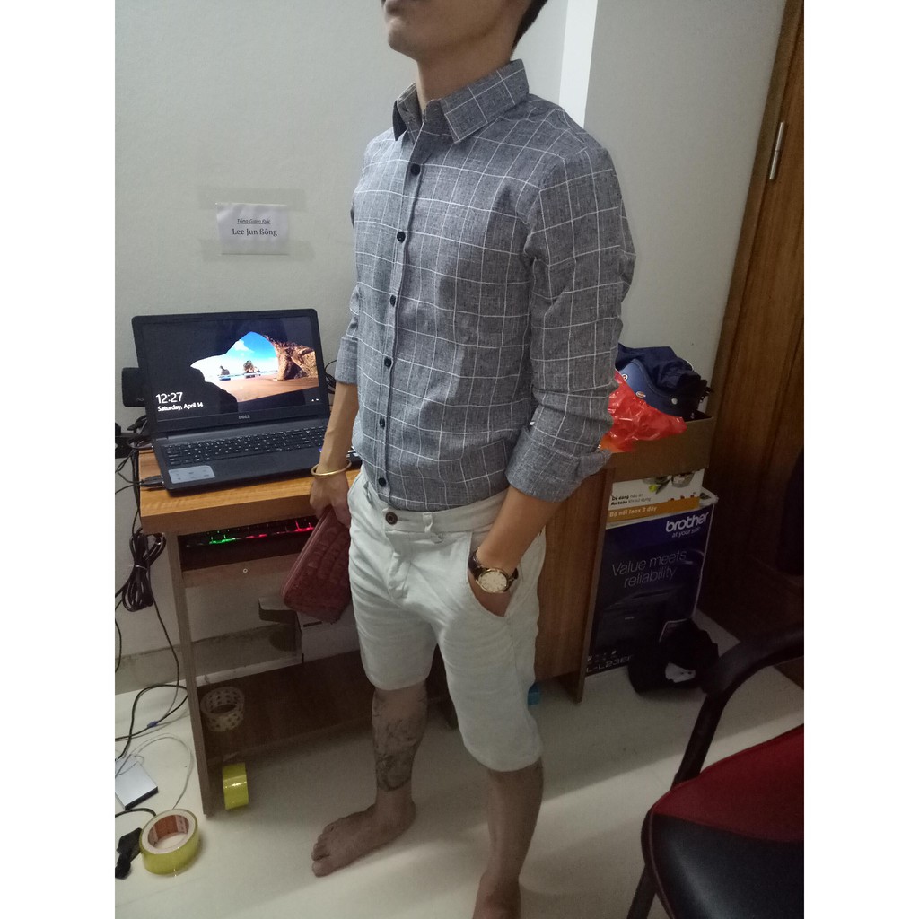 Sơ mi xám kẻ ca rô cao cấp phom ôm mặc mát không nhăn không xù | BigBuy360 - bigbuy360.vn