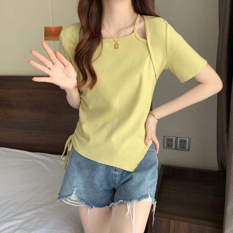 Áo thun tay ngắn giả hai lớp phối dây rút thời trang dành cho nữ JL-TX-117