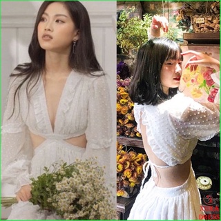 Đầm trắng xoè tay dài hở lưng