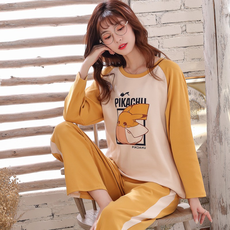 Bộ Đồ Ngủ Cotton Dáng Rộng In Hình Pikachu Đáng Yêu Cho Nữ