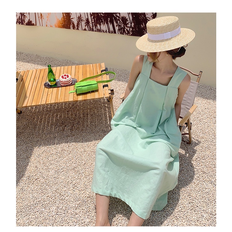 Đầm 2 dây bản to cổ vuông dáng dài váy maxi đi biển màu xanh ngọc hottrend