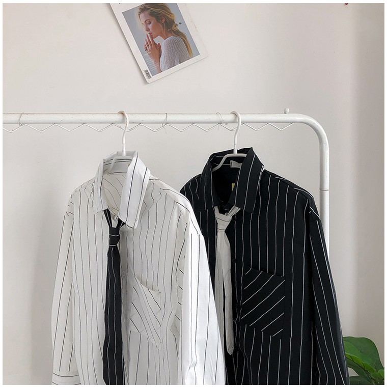 (A129) áo sơ mi unisex kẻ sọc kèm cà vạt 2 màu đen - trắng | BigBuy360 - bigbuy360.vn