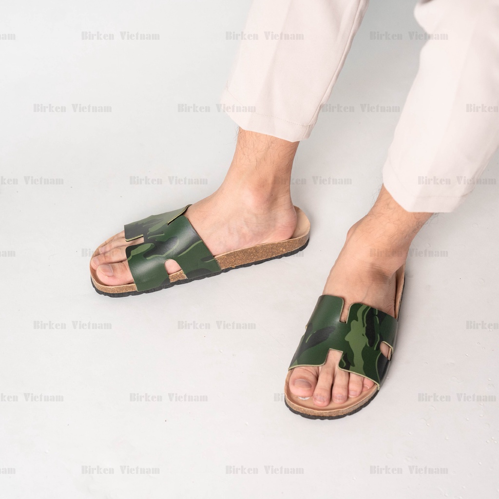 Mã R03 DÉP ĐẾ TRẤU Da PU Camo Rằn Ri Hai Quai Ngang Unisex Birken Vietnam Bioline