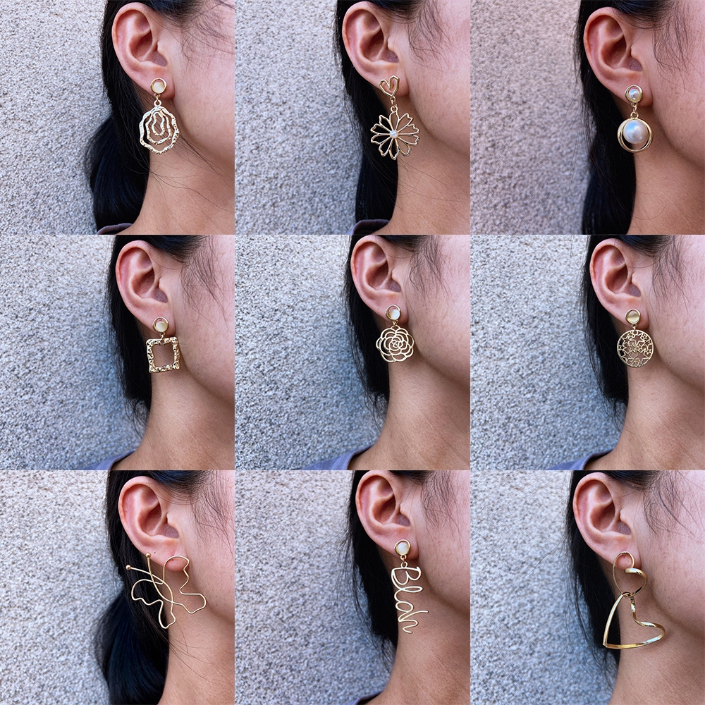 [Mã FASHIONT4FA2 giảm 10K đơn 50K] Women Fashion Korean Geometric Hollow Star Flower Letter Pendant Earrings Vintage Jewelry Accessories