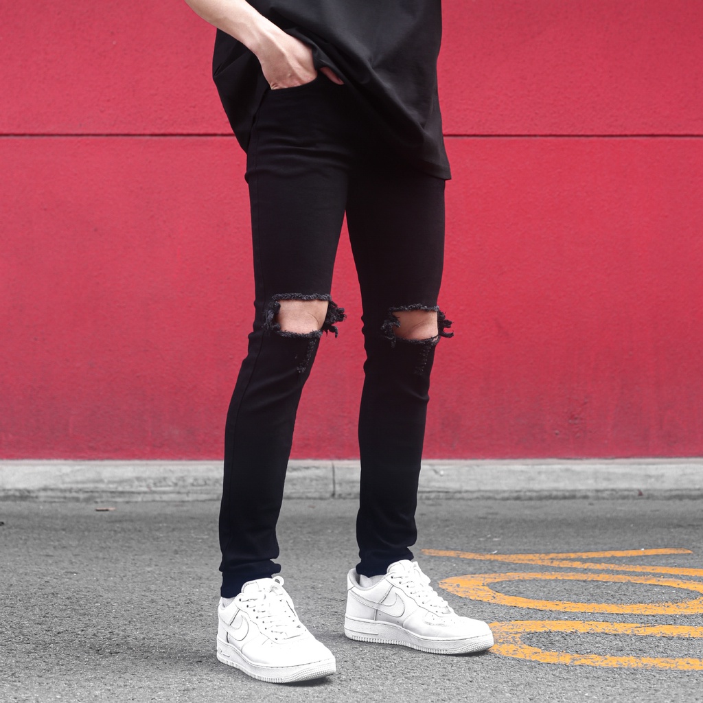 Quần Skinny Jeans Nam-Màu Đen-Rách Gối To-Chất Liệu Cotton Co Giãn-Ống Đứng Dáng-Ống Ôm Chân Chuẩn Skinny