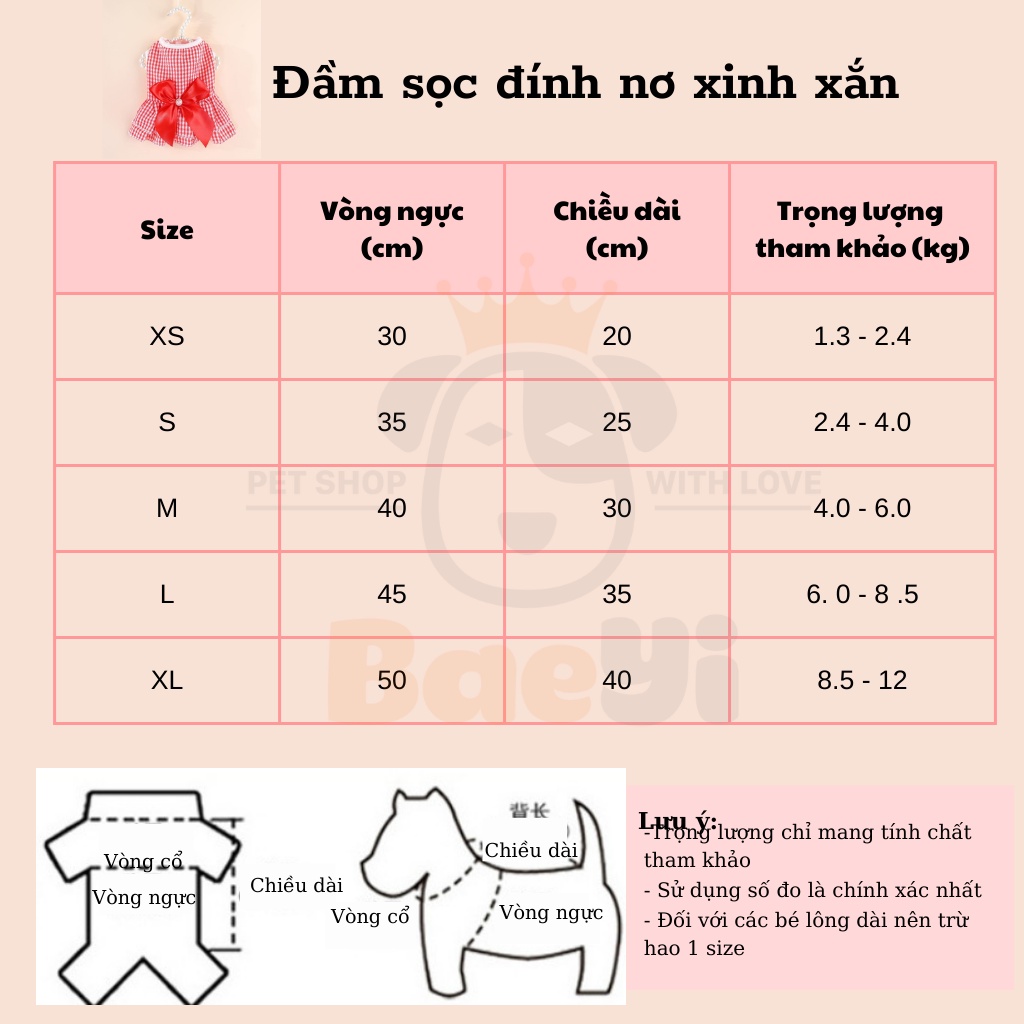 Áo cho chó mèo, đầm sọc đính nơ xinh xắn thương hiệu BaeYi, đồ tết cho thú cưng, quần áo thú cưng