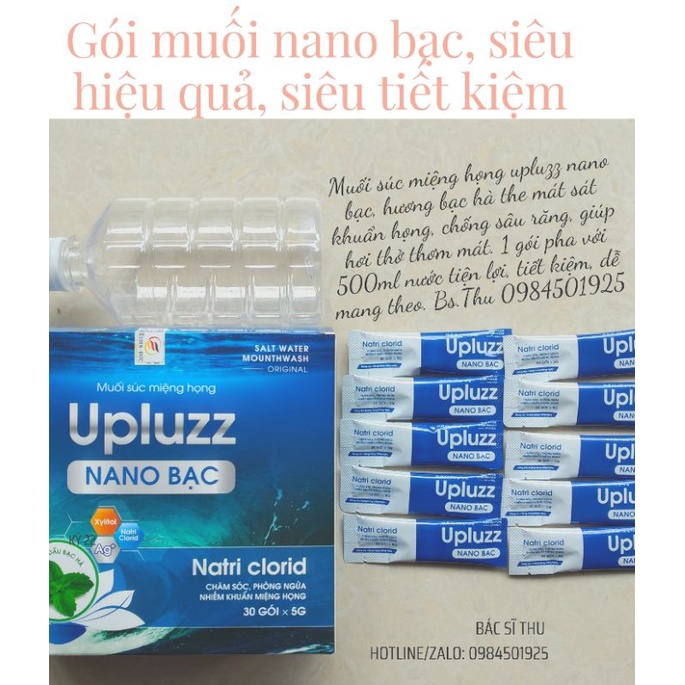 Muối súc miệng họng UPLUZZ NANO BẠC tự pha dùng vệ sinh, súc miệng họng hộp 30 gói