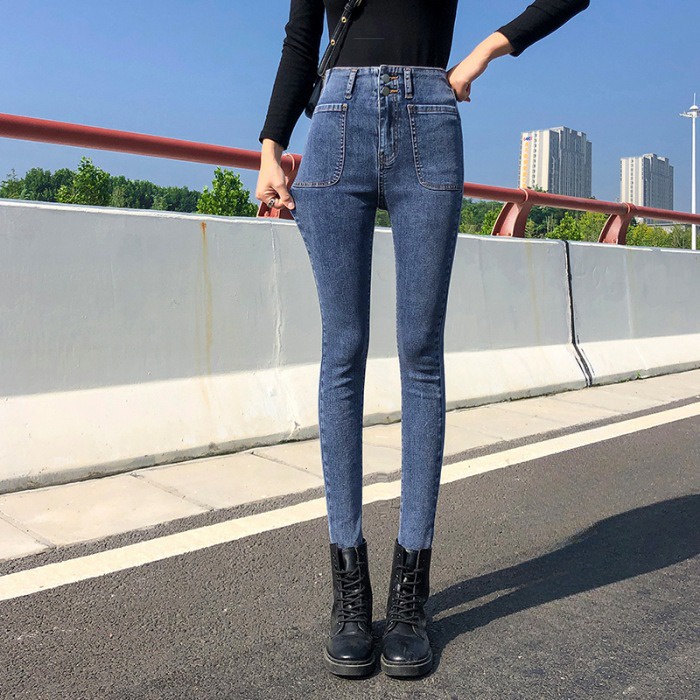 quần jean nữ lưng cao dáng ôm co giãn chất đẹp 2 khuy tua gấu
