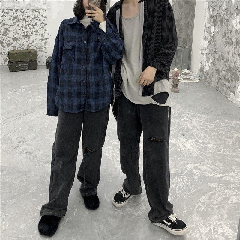 Baggy jean ống rộng rách 1 bên