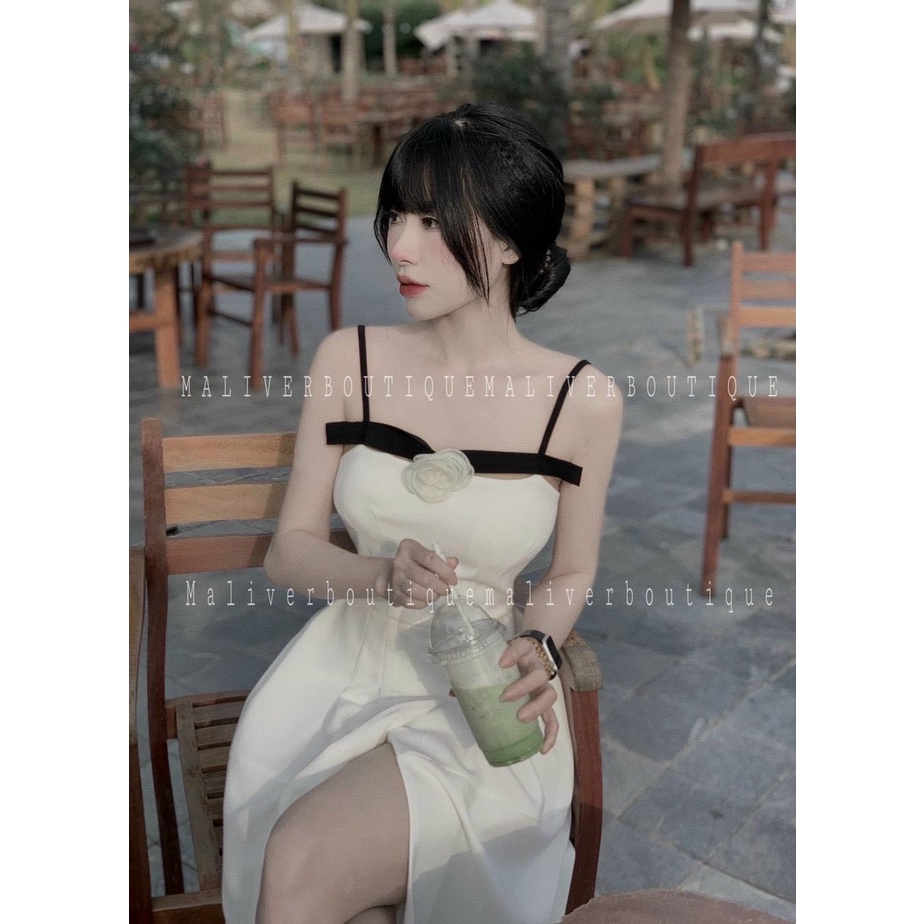 Đầm váy nữ trắng phối đen ( có mút ngực , có phụ kiện ) thời trang mang phong cách thanh lịch trẻ trung dự tiệc
