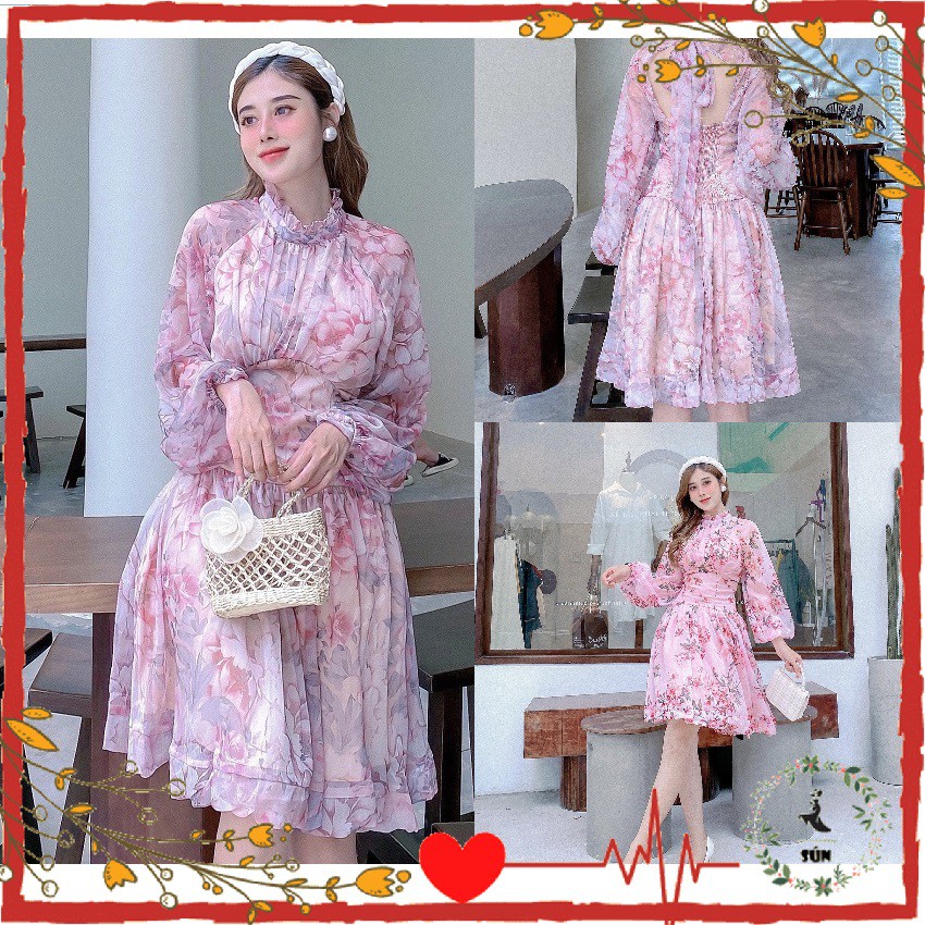 Váy voan in hoa |đầm hoa thiết kế VINTAGE dáng xòe nhẹ cổ xếp ly tay dài Chun lưng chất vải vol mềm nhẹ dịu dàng