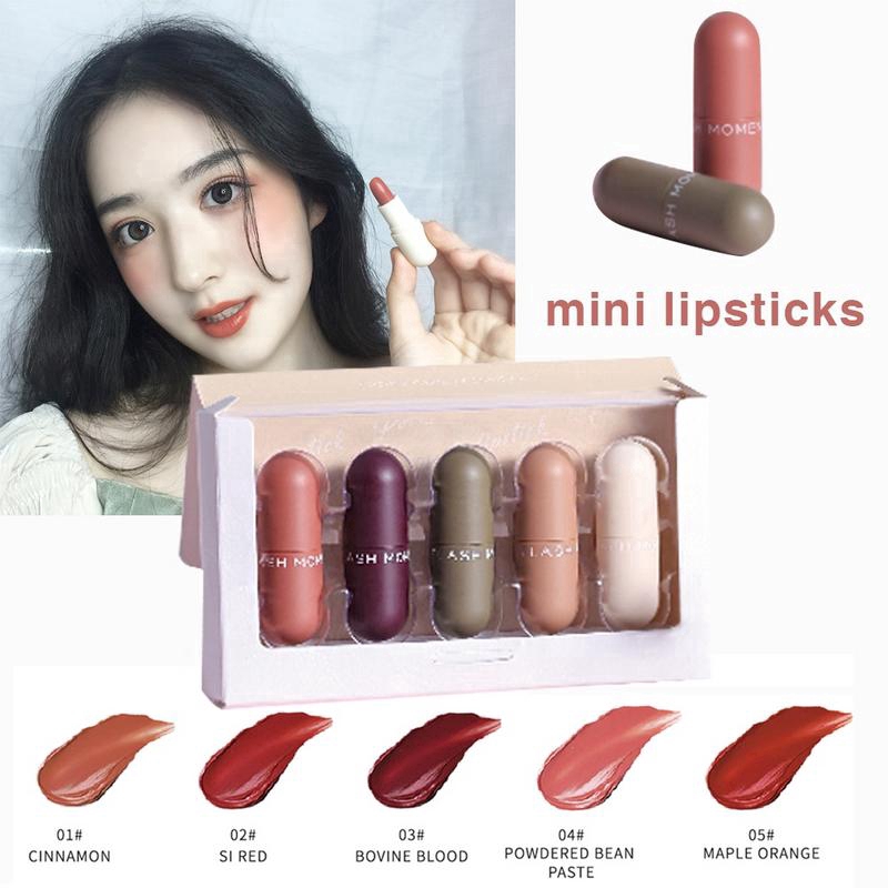 5pcs Matte Lipstick Set Long-Lasting Moisturizer Velvet Mini Capsule Lipstick Kit