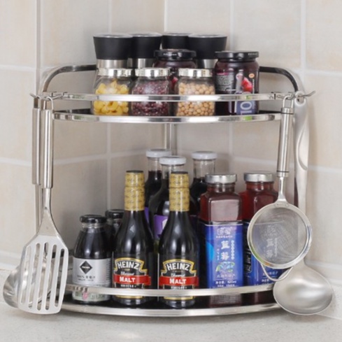 Kệ inox 304 2 tầng đựng gia vị kệ góc bếp inox ko gỉ có móc treo khăn treo vá xạn chân cao su Onlycook 38X24cm
