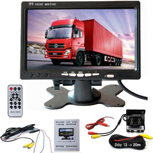 Combo màn 7in và camera lùi xe tải xe công trình_ tặng dây AV, điện áp 24V chuyên xe công trình
