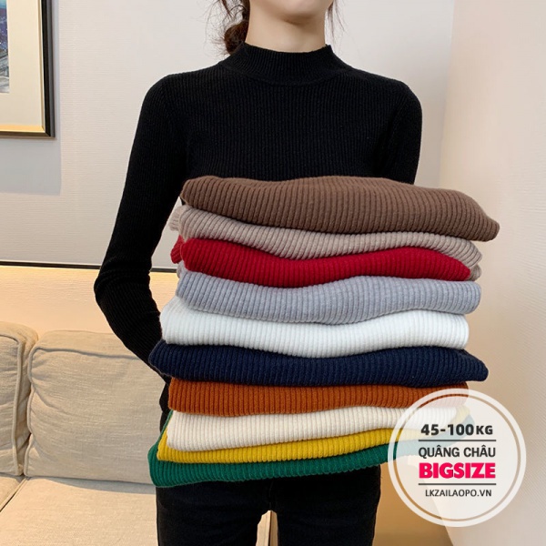 Áo sweater ⚡️𝐁𝐈𝐆𝐒𝐈𝐙𝐄⚡️ Áo len nữ tăm dệt kim co giãn ôm body trơn cổ lọ tay dài mùa thu đông Hàn Quốc cho người mập béo