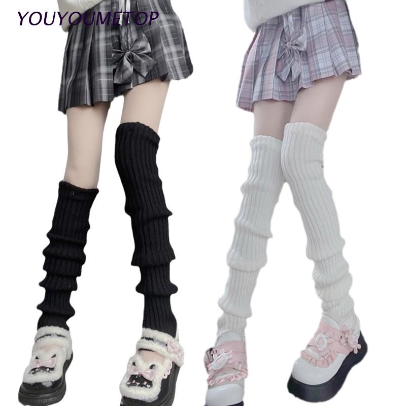 Vớ ống chân cổ cao tới đùi dệt kim gân sọc màu trơn giữ ấm phong cách Nhật Bản lolita đi học đáng yêu cho học sinh nữ