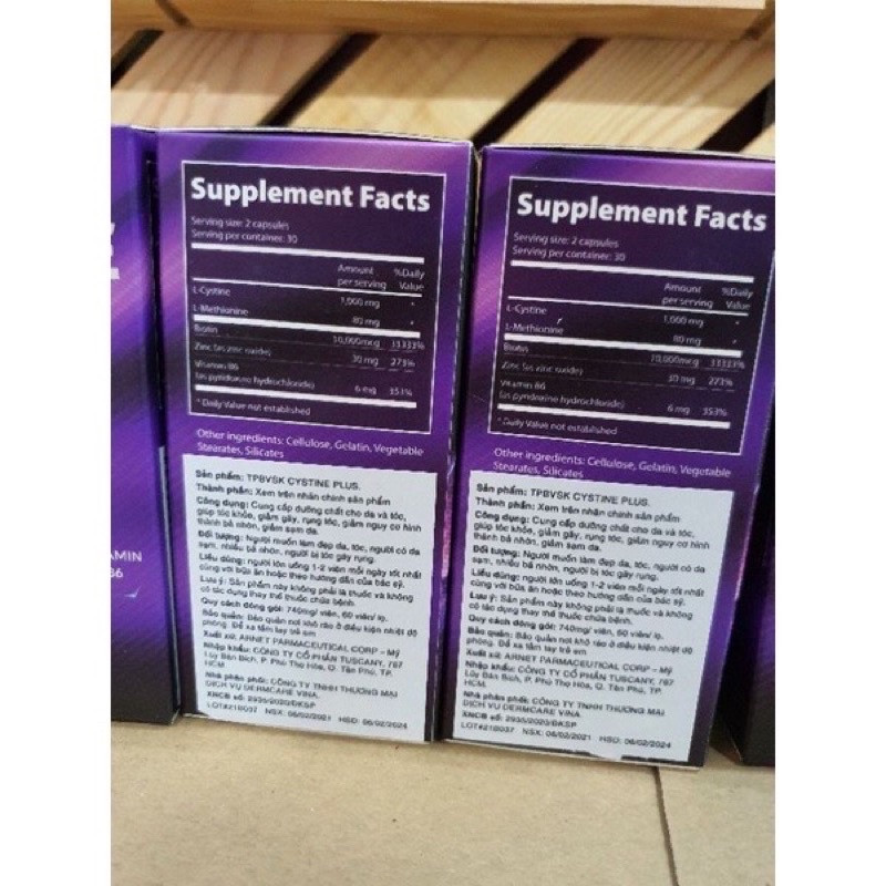 Cystine Plus - Viên uống giảm mụn, ngăn rụng tóc và giảm sắc tố Supplement Fact Cystine Plus