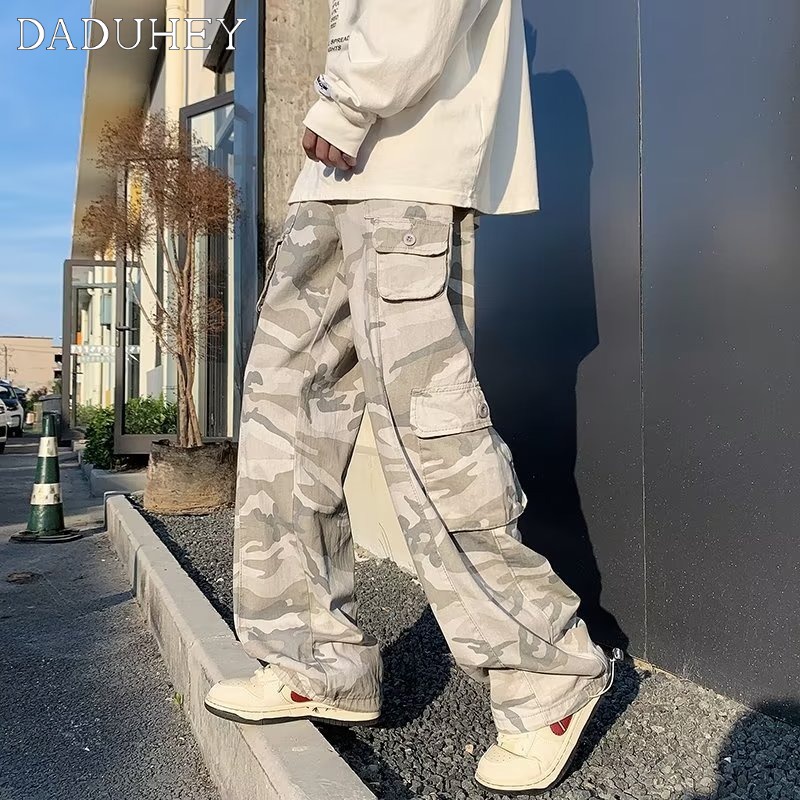 DaDuHey Men's Summer High Street European and American Style Retro Overalls Ins Trendy Fashion Hip Hop Straight Wide Leg Casual Pants
