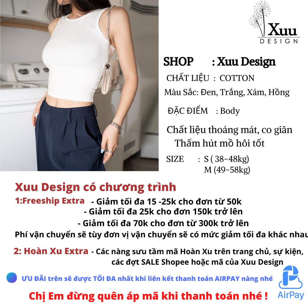 Áo croptop nữ Xuu Design, Chất cotton mặc boby, áo ba lỗ cộc tay kiểu ôm vải co giãn AD04