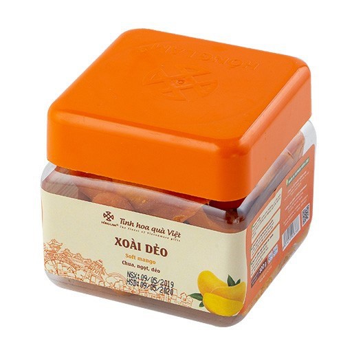 Xoài dẻo thượng hạng Hồng Lam, dạng hộp (200gr, 300gr, 500gr) và gói (200gr). Có vị chua, ngọt, dẻo