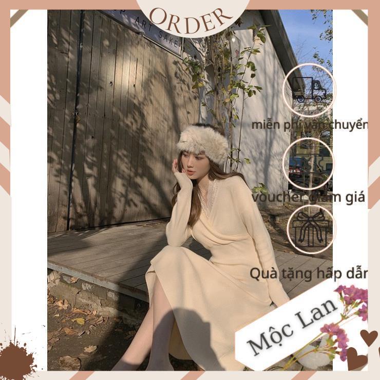 (MộcLan ORDER) Váy len midi cổ V pha ren phong cách Hàn Quốc thu đông -hàng chuẩn không phai hàng xưởng may lại | BigBuy360 - bigbuy360.vn
