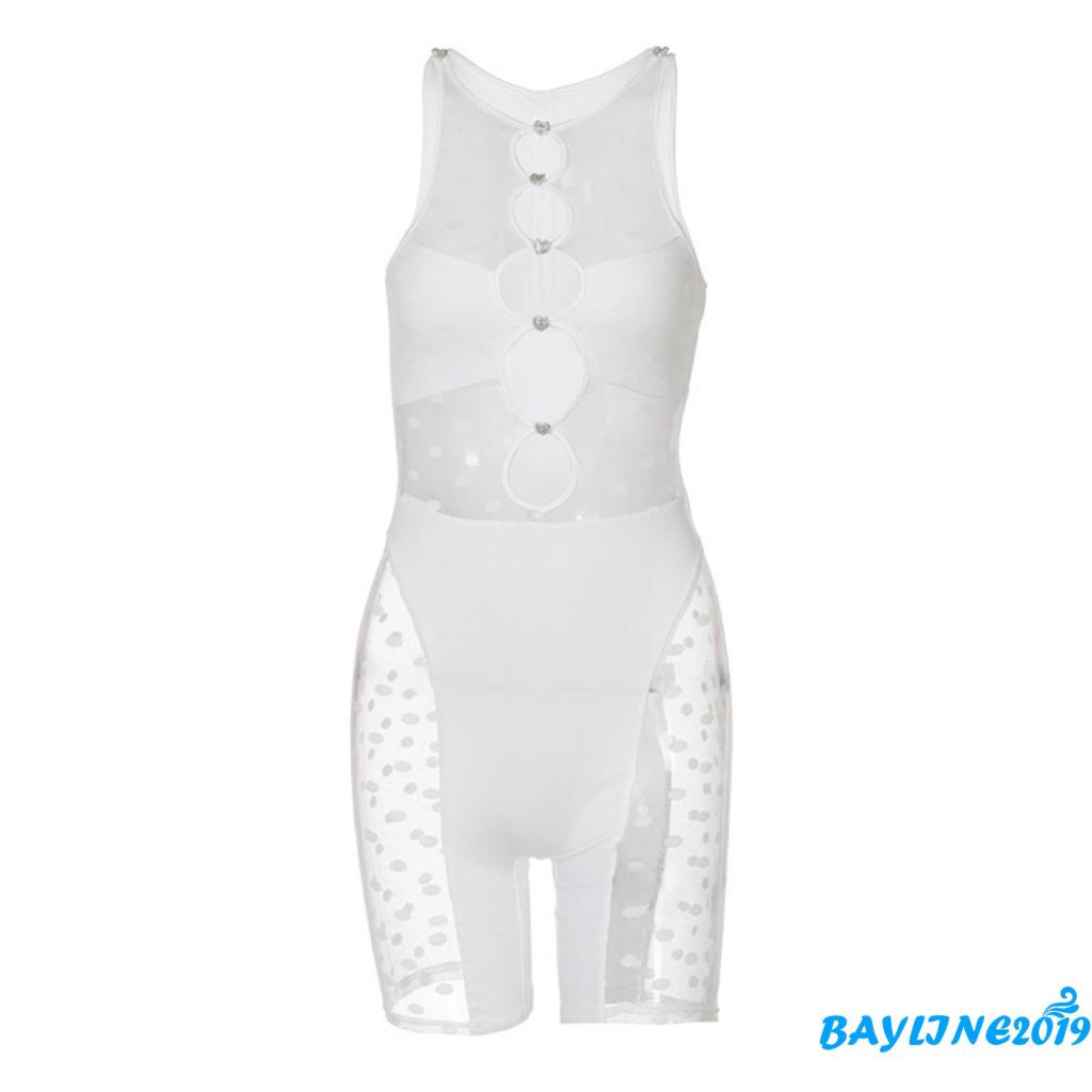 Bay-Women Sexy Hollow Out Overalls, Solid Color Round Collar Sleeveless Playsuit, S/ M/ L