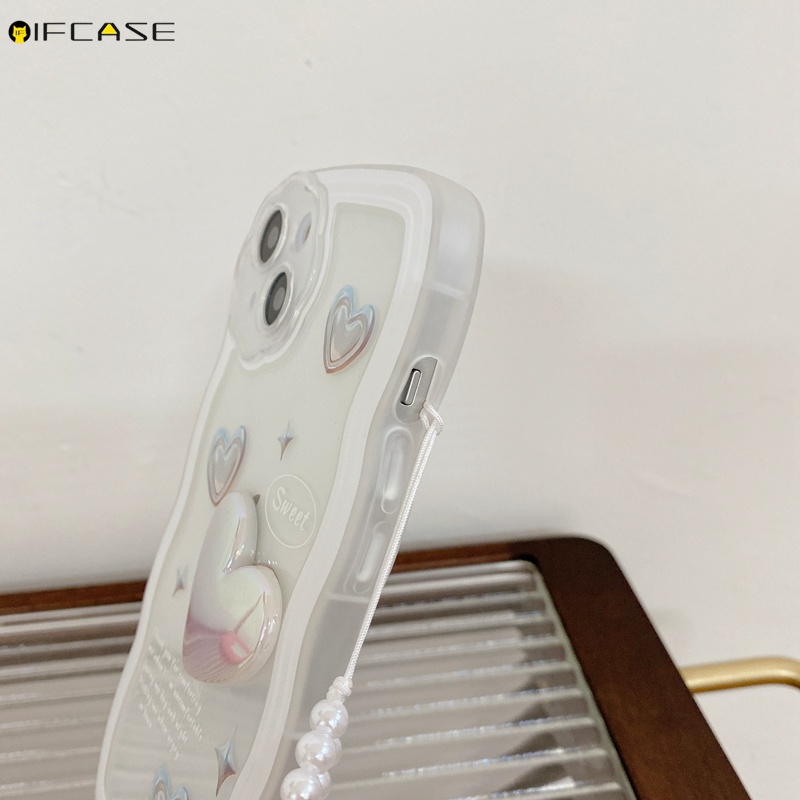 Ốp Điện Thoại Dẻo Màu Laser Họa Tiết Trái Tim Kèm Dây Đeo Ngọc Trai Cho iPhone 13 12 11 Pro Max XS Max XR X 7 8 6 6s