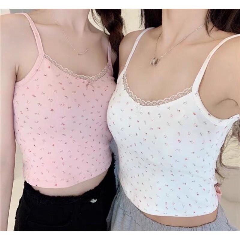 [Có sẵn]🌿 Áo cami 2 dây croptop cổ chữ V viền ren hoa nhí thun tăm ulzzang 🔥