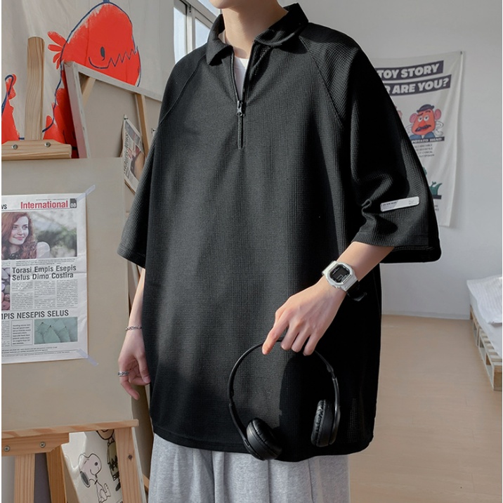 Áo Thun Polo Tay Ngắn Dáng Rộng Màu Trơn Có Khóa Kéo Thời Trang Phong Cách Hàn Quốc Cho Nam Giới