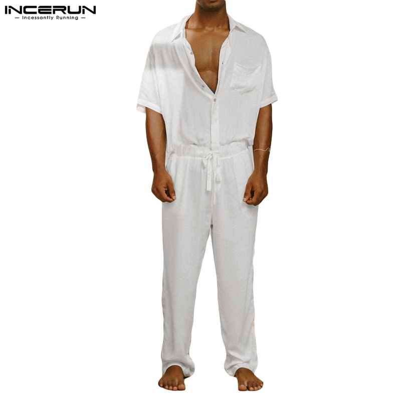 INCERUN Jumpsuit Ngắn Tay Phối Dây Rút Thời Trang Dành Cho Nam