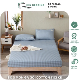Bộ Ga Gối Cotton Tici Kẻ Hàn Quốc HIN BEDDING, Ga Gối Vải Mềm Mịn, Drap Giường Bo Chun Theo Yêu Cầu