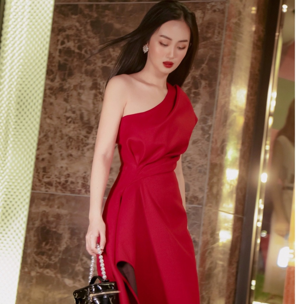 Váy đầm EIRA DRESS, lệch vai,  màu đỏ sang trọng đi tiệc  LEMINA