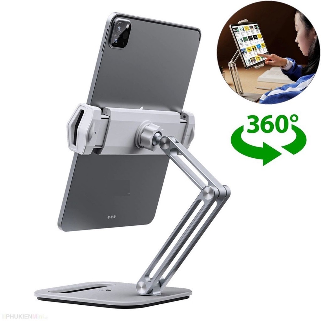 Giá Đỡ iPad, Máy Tính Bảng Nhôm Tản Nhiệt Cho Điện Thoại iPhone Kẹp Xoay 360 Độ Gấp Gọn Có Thể Chỉnh Độ Cao Cao Cấp