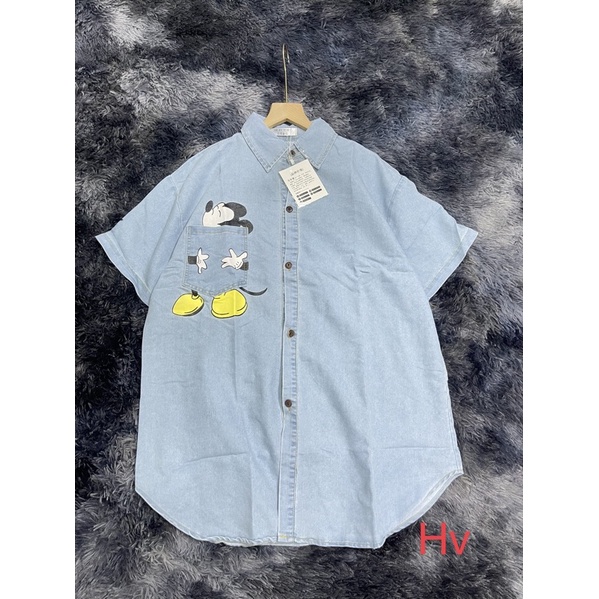 Áo Khoác Nữ Jean UNISEX Form Rộng Cộc Tay Mickey Dáng Rộng Cá Tính, Áo Sơ Mi Jean Nữ B120